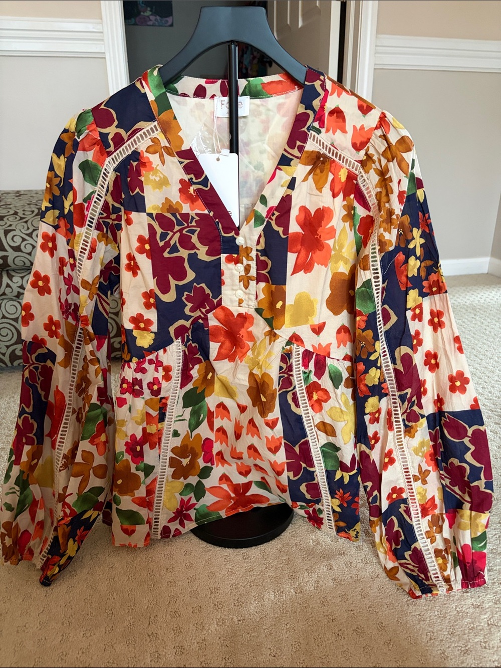 Fate Multi-Color Floral Patchwork Peasant Blouse